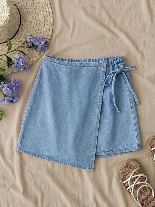 Teen Girl Side Knot Casual Light Blue Denim Skort Fall Graduation Y2k