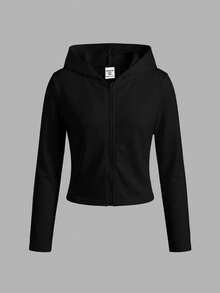 SHEIN Jaket Anak Perempuan Remaja Kasual Olahraga Warna Polos Slim Fit Jaket Berkerudung Depan Terbuka 2pcs - Hitam dan Putih - View 3