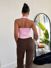 leahseptember Solid Color Pleated Halter Neck For Summer, Form-Fitting Top,Business Casual Top,Office Wear, Baby Pink Backless Women - Baby Pink - View 5