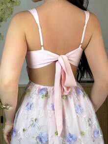 Vassilux French Countryside Style Pink Jacquard Spaghetti Strap Backless Bow Tie Flare Dress Vacation Party - Pink - View 7