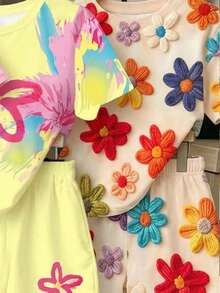 Elladie kids (Patrón aleatorio, 1 set aleatorio) Conjunto de camiseta corta básica y pantalones cortos con estampado de salpicaduras minimalistas, flores coloridas y fresas para niñas, uso diario de verano - Multicolor - Ver 4