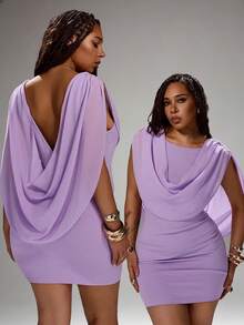 Rustia Plus Size Women Solid Color Minimalist Casual Plus Size Shawl Collar Fitted Dress, Beach Vacation, Wedding Party, Birthday Date, Designer Shawl Dress - Purple - View 1