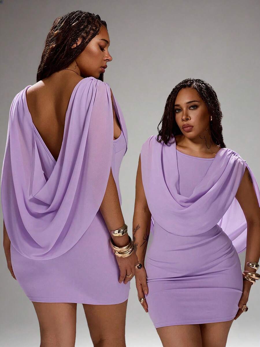 Rustia Plus Size Women Solid Color Minimalist Casual Plus Size Shawl Collar Fitted Dress, Beach Vacation, Wedding Party, Birthday Date, Designer Shawl Dress - Purple - View 1
