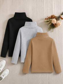 SHEIN 青少年女孩 T-Shirt 百搭休閒貓咪印花 3 件組 高領長袖保暖內層底層 - 彩色 - 查看 2