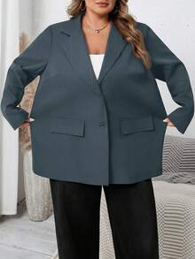 SHEIN CURVE+ Blazer de talla grande de unicolor para uso casual/oficina - Azul Marino - Ver 10