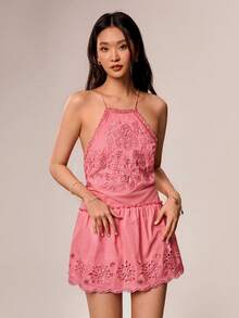Willow Rêve Women's Pink Embroidered Spaghetti Strap Mini Ruffle Dress, Romantic Vacation Style, Valentine's Day, Boho Style - Pink - View 8