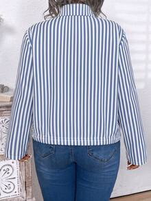 Momelise Plus Size Striped Pocket Zipper Hem Drawstring Jacket Fall - Blue - View 2