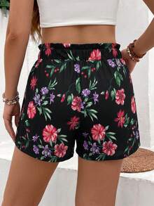 Breezaya Women's Elegant Casual Floral Ruffle Waist Shorts - Black - View 2