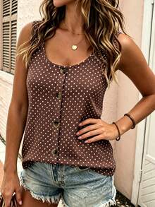 EMERY ROSE Plus Size Women's Polka Dot Contrast Color Round Neck Button Vest, Round Neck Button Strap Tank Top, Suitable For Daily Casual Wear - Multicolor - View 3