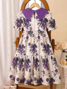 SHEIN Vintaside Kids 少女花卉印花百褶休閒度假旅行洋裝 - 淡紫色 - 查看 2