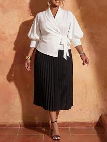 Veslaya Plus Size Women Solid Color Shawl Collar Side Tie Waist Jacket And Pleated Skirt Elegant Suit Set - Black and White - View 2