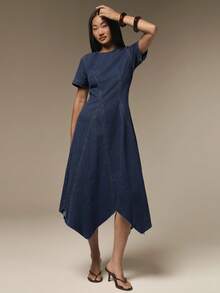 COSMINA Denim 女款秋季時尚不對稱下擺牛仔洋裝，海軍藍休閒度假日常穿搭，優雅早午餐造型 - 藍色 - 查看 2
