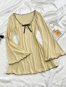 Elamini Soft Pure Sweet Contrast Color Ruffle Bow Tight Elastic Flared Long Sleeve Mini Dress - Light Yellow - View 7