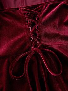 SHEIN CURVE+ Christmas Plus Size Women's Vintage Romantic Red Faux Bone Design Off-Shoulder Dress - Burgundy - View 4