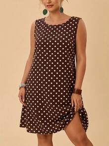 Travachic Women's Plus Size Casual 1950s Vintage Minimalist Versatile Polka Dot Pattern Round Neck Sleeveless Dress, Suitable For Summer Vacation - Brown - View 2