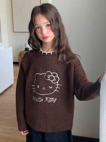 HELLO KITTY | DAZY Contrast Color Cute KT Cat Pattern Embroidered Long Sleeve Autumn/Winter Tween Girls Sweater - Brown - View 3