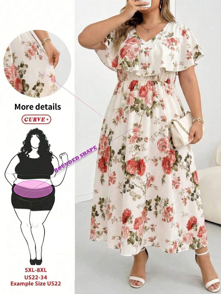 SHEIN CURVE+ 大码女式亮绿色短袖优雅连衣裙，春夏款