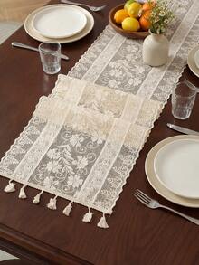 Floral Embroidered Tassel Decor Table Runner, Boho Lace Flower Design Table Runner For Dinner Table - Beige - View 5
