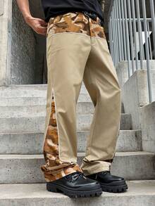 Manfinity Roghcode Style de rue jeune pour hommes, article multifonctionnel INS : pantalon long pour hommes avec design de motif camouflage patchwork divisé, convient pour le port de rue, le quotidien décontracté, les sorties du week-end, les festivals de musique, les fêtes et autres occasions sociales pour les jeunes. Ce pantalon est un article polyvalent essentiel dans la garde-robe des hommes, ce qui en fait un cadeau parfait pour un petit ami ou un mari. - Kaki - Voir 3