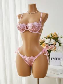 Esselle 2件套女士天蓝色刺绣系带性感内衣文胸套装 - 粉色 - 查看 5