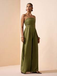 Zivah Women Olive Green Summer Casual Vacation Holiday Jumpsuit, Spaghetti Strap Front Ruched Real Pockets Loose Wide Leg Pants, Vertical Texture Fabric - Army Green - View 8