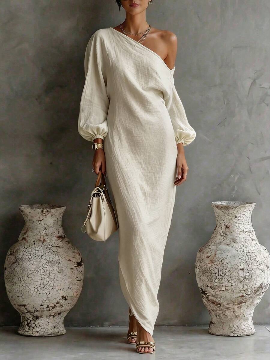 EMERY ROSE Women's Plus Size Asymmetric Shoulder Casual Minimalist Design Loose Textured Comfortable Maxi Dress For Spring And Summer Fall - Apricot - View 1