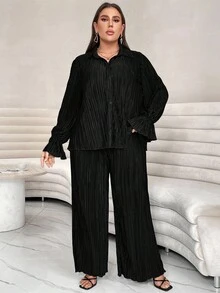 Shapeblank Plus Flounce Sleeve Shirt & Wide Leg Pants Fall - Black - View 7