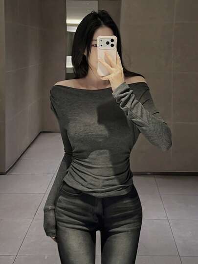 DAZY Solid Color Slim Fit Square Neck Long Sleeve Elegant Sexy Vacation Spring Autumn Top Women T-Shirt School