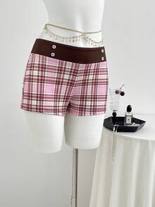 Elamini Sexy Preppy Cute Plaid Patchwork Low Waist Summer Shorts For Hot Girl Gym Brown Plaid - Multicolor - View 5