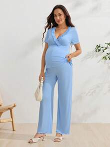 SHEIN 孕婦純色V領哺乳上衣與可調腰長褲休閒軟挺日常2件套 出院穿著 天藍色 - 藍色 - 查看 4