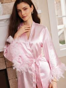 Moireta Fuzzy Decor Satin Women's Robe - Baby Pink - View 3
