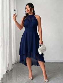 Elenzga Plus Size Round Neck Sleeveless Double Layer Ruffle Hem Asymmetrical Dress - Navy Blue - View 5