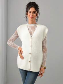 SHEIN Maternity Sweater Vest, Loose Fit, V-Neck With Metal Button, Fluffy Texture, Solid Color Knit, Casual Elegant Everyday Wear, Autumn White - White - View 5