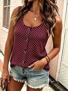 EMERY ROSE Plus Size Women's Polka Dot Contrast Color Round Neck Button Tank Top, Round Neck Button Strap Tank Top, Suitable For Daily Casual Wear - Multicolor - View 4