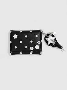 ROMWE Kawaii 1Pc Cute Black & White Polka Dot 3-Fold Wallet With Wing Decor, Portable Coin Purse & Card Holder, Perfect Back To School Gift - Black 1 - View 1
