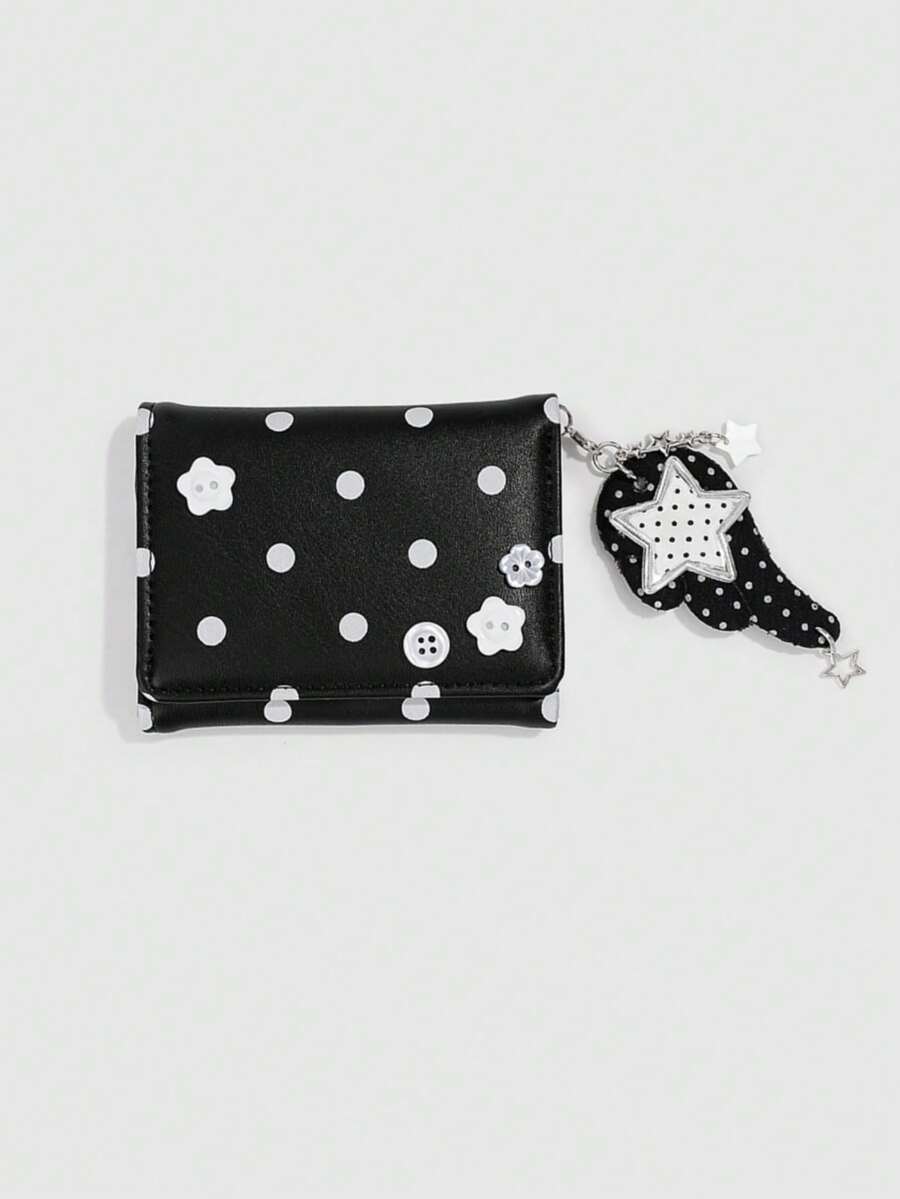 ROMWE Kawaii 1Pc Cute Black & White Polka Dot 3-Fold Wallet With Wing Decor, Portable Coin Purse & Card Holder, Perfect Back To School Gift - Black 1 - View 1