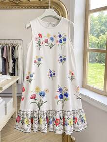 SHEIN 少女花卉印花無袖荷葉邊下擺夏季度假洋裝 - 白色 - 查看 8