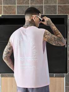 Devon Thys Tank Top Kasual Pria dengan Motif Pohon Kelapa dan Slogan - Berwarna merah muda - View 2