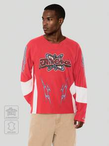 FORM&CHAOS Men's Red Patchwork Print Contrast Color Streetwear T-Shirt - Red and White - View 1