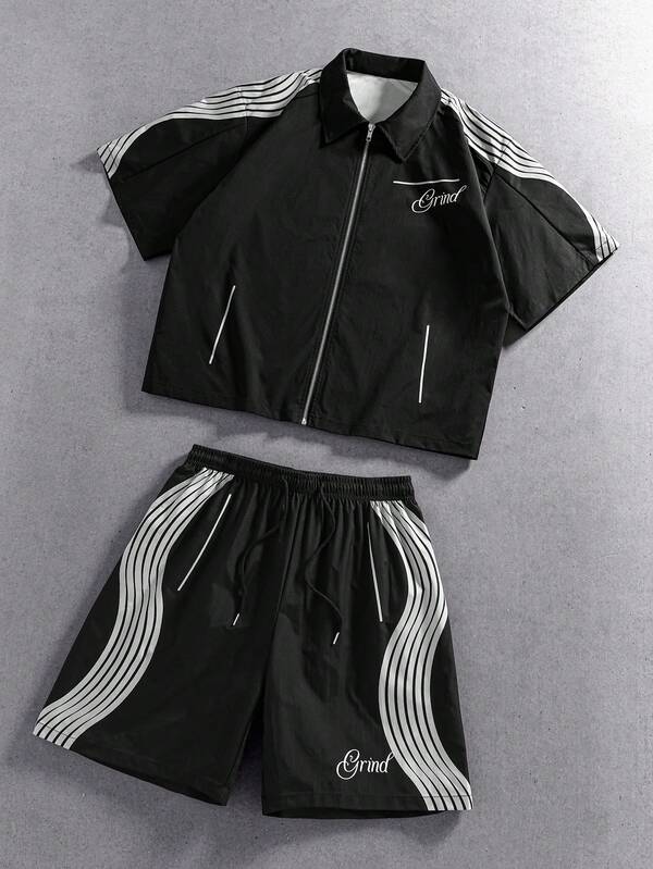ROMWE MEN Street Life Men's Casual Letter Print Zip-Up Shirt And Drawstring Waist Shorts Set