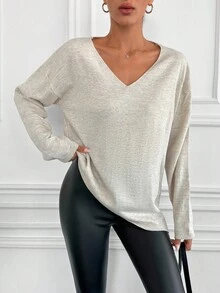 Cloudara Solid V Neck Drop Shoulder Sweater - Apricot - View 5