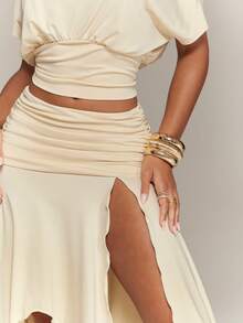 Denimoi 2 Pieces Set Asymmetrical Skirt And Off Shoulder Top Matching Set Vacation Outfits Brunch Summer - Apricot - View 5