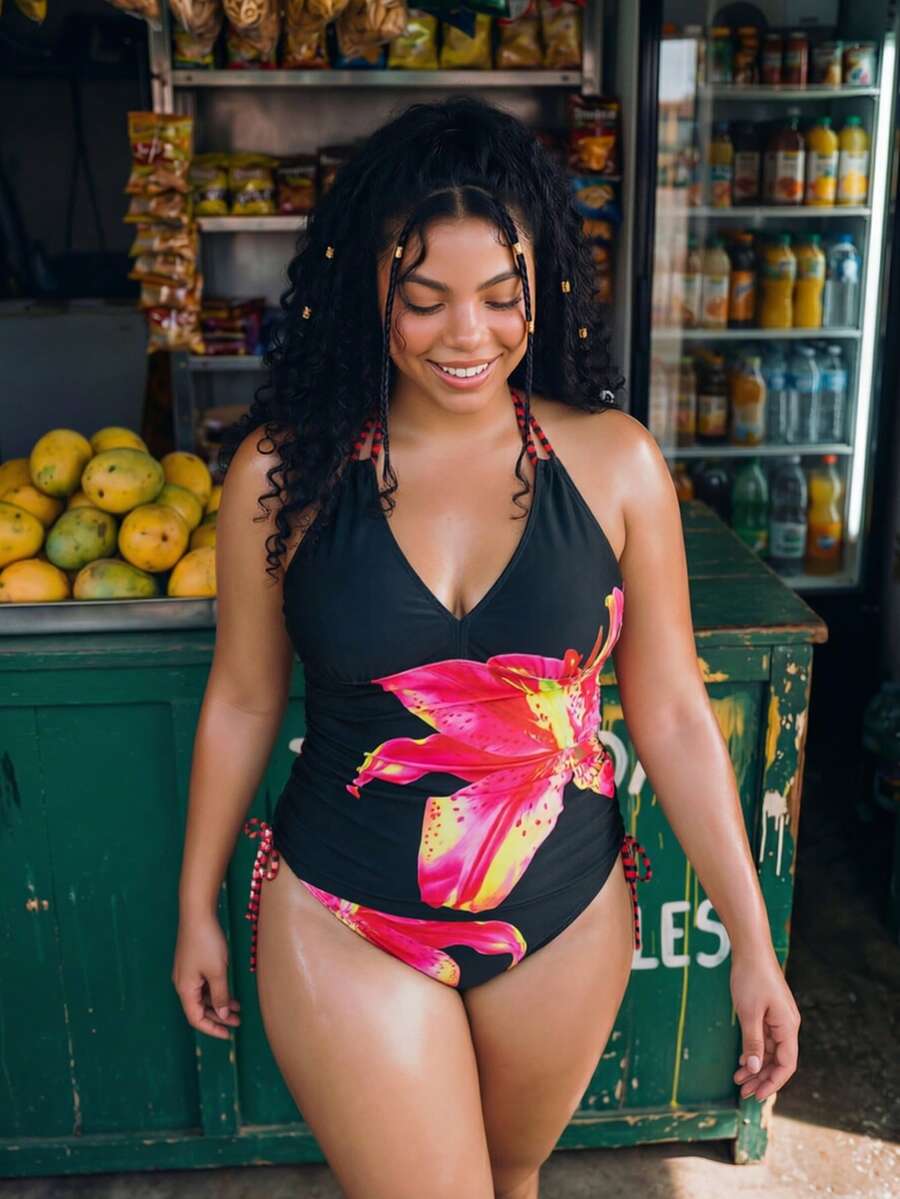 Swim Vcay Plus Size Women's Floral Print Halter Tankini Set - Multicolor - View 1