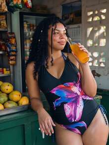 Swim Vcay Plus Size Women's Floral Print Halter Tankini Set - Multicolor - View 5