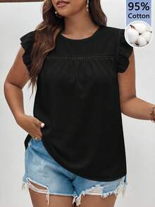 SHEIN Frenchy 女款 100% 純棉鏤空刺繡荷葉邊圓領蕾絲 T-shirt，夏季白色休閒西式風 - 黑色 - 查看 1