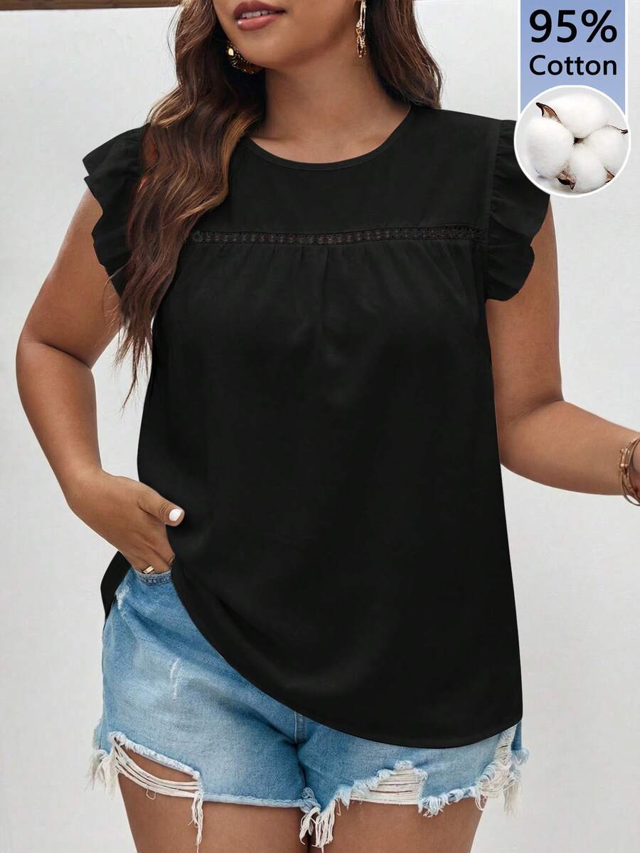 SHEIN Frenchy 女款 100% 純棉鏤空刺繡荷葉邊圓領蕾絲 T-shirt，夏季白色休閒西式風 - 黑色 - 查看 1