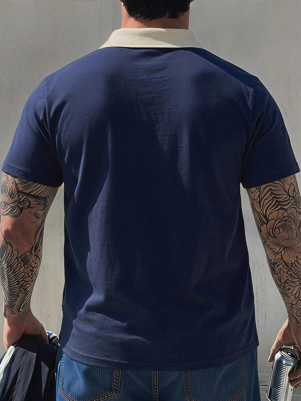 Patchwork Collar Short Sleeve Navy Blue Letter Print Men's Plus Size T-Shirt Summer