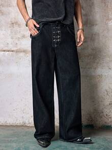 Skyrend 1件 Infinite Jeans 个性化设计飞机扣牛仔裤，男士休闲宽松直筒牛仔裤，日系街头风，宽松版型，做旧水洗（不含腰带和配饰） - 黑色 - 查看 5