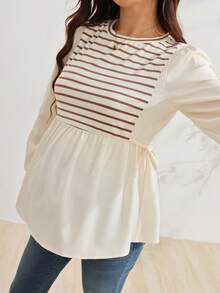 SHEIN Maternity Striped Patchwork Round Neck Long Sleeve Simple T-Shirt Fall - Apricot - View 4