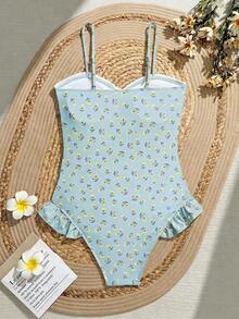 Swim Mod 3件組夏季新款亮面布料亮片刺繡花卉三角比基尼聚攏泳衣 女款海灘度假淺藍色熱帶可愛風 - 藍色 - 查看 4